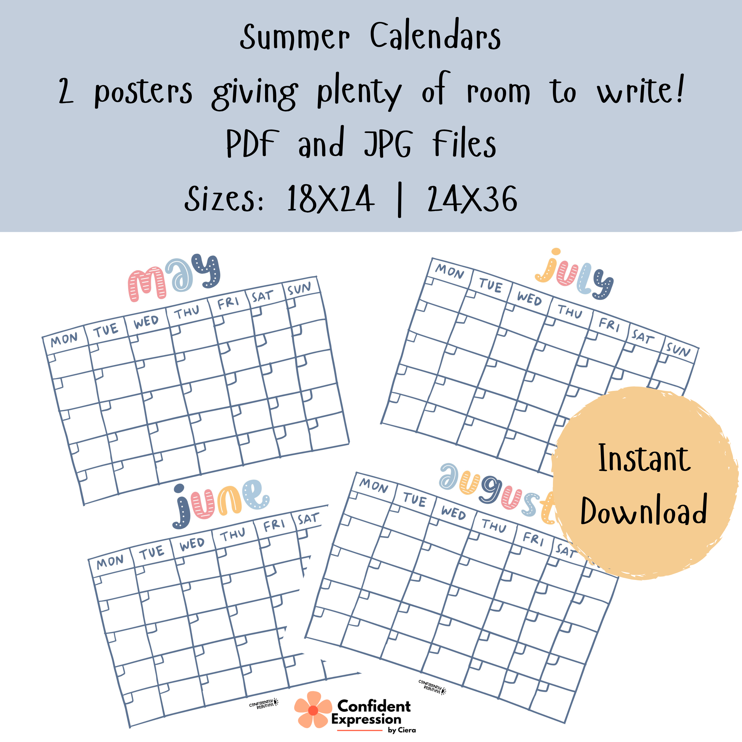 Printable Summer Calendar Poster | May, June, July & August